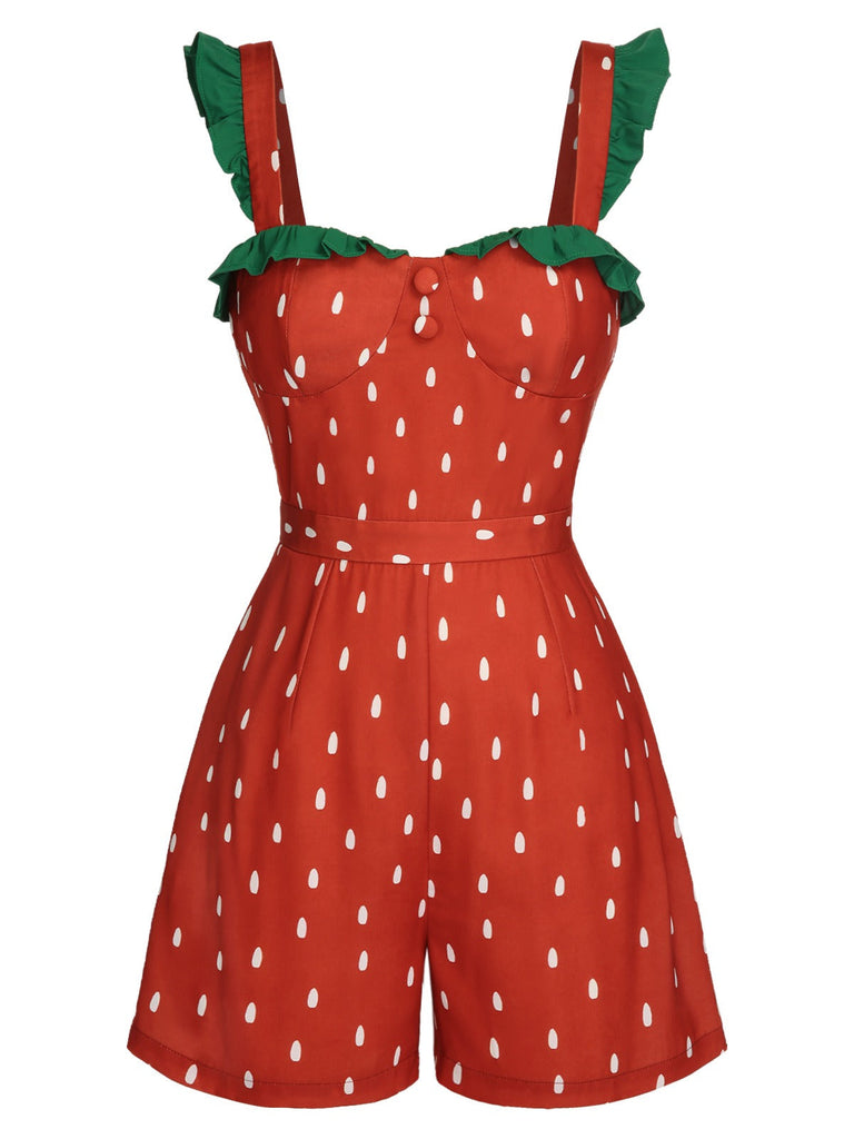 Rot 1950er Erdbeere Polka Dots Gurt Romper