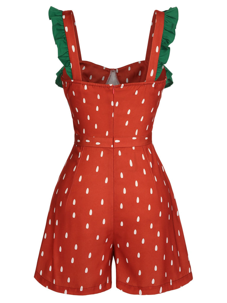 Rot 1950er Erdbeere Polka Dots Gurt Romper