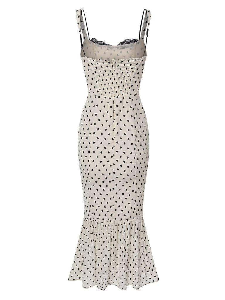 Weiß 1930er Polka Dots Gurt Meerjungfrauenkleid