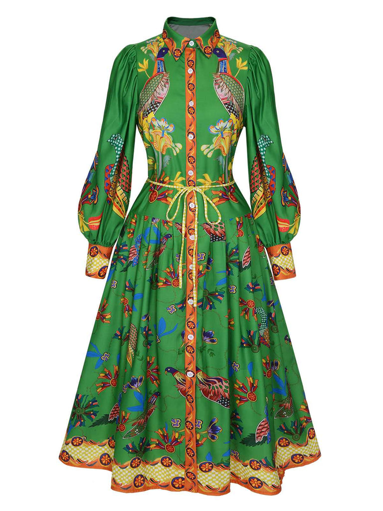 Grün 1940er Pfau Laternenärmel Hemd Kleid