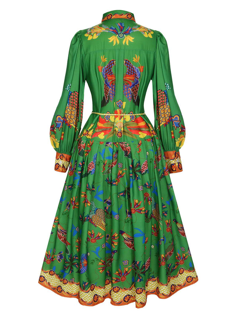 Grün 1940er Pfau Laternenärmel Hemd Kleid