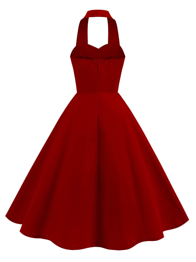 [Vorverkauf] Rot 1950er Solide Herzförmiger Hals Halter Kleid