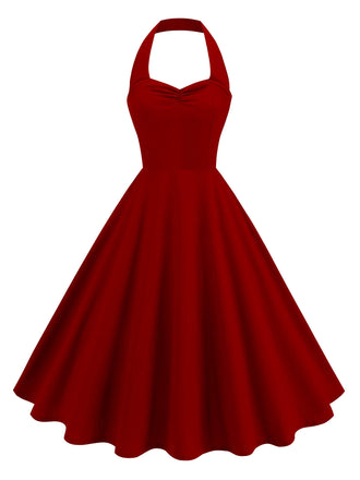 [Vorverkauf] Rot 1950er Solide Herzförmiger Hals Halter Kleid