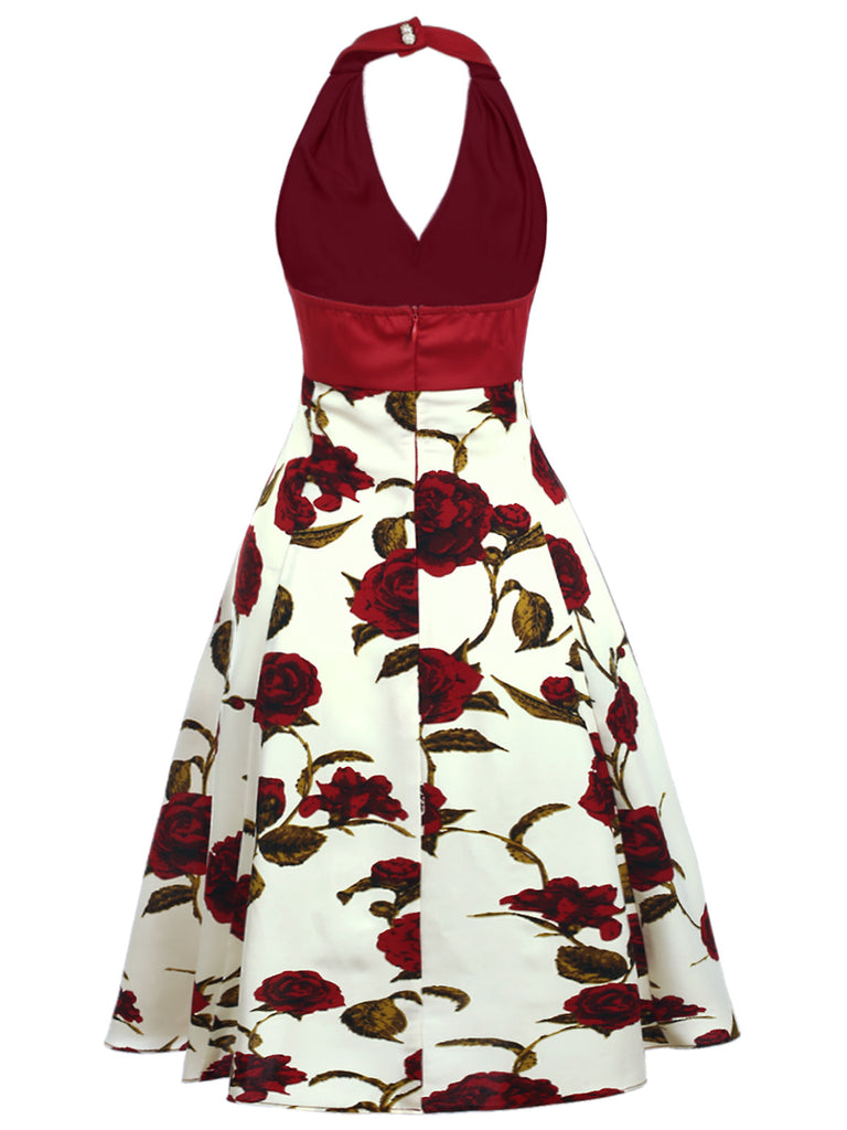 Rot 1950er Halter Rose Bogen Kleid