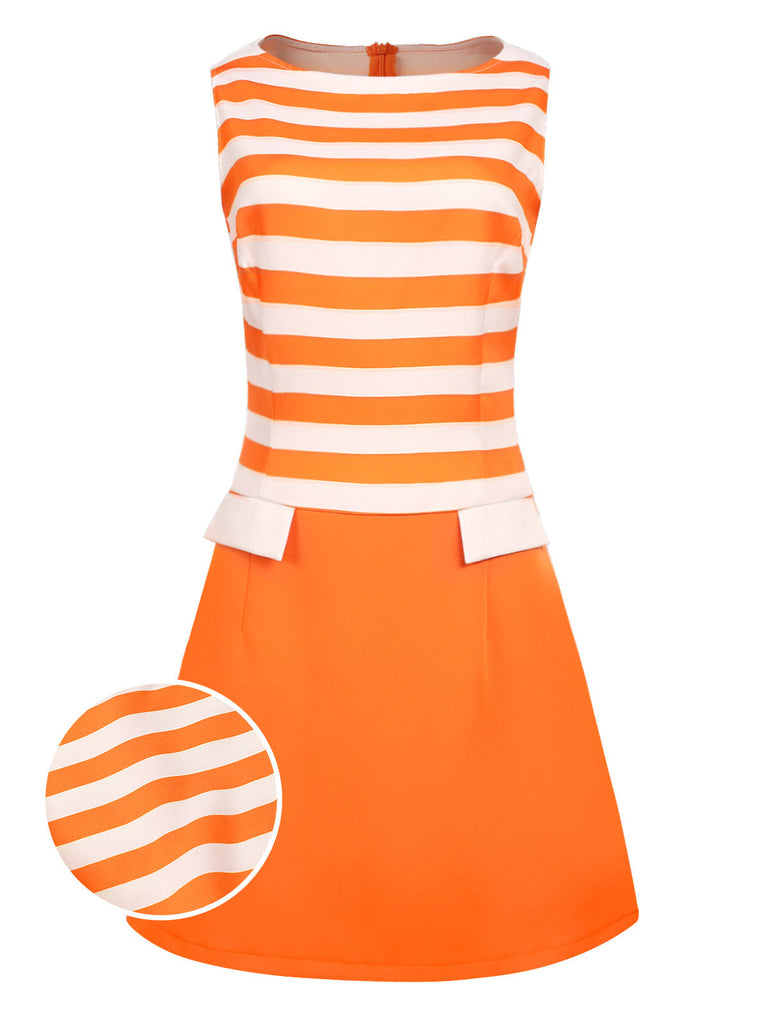 Orange 1960er Tiefe Taille Streifen Kleid