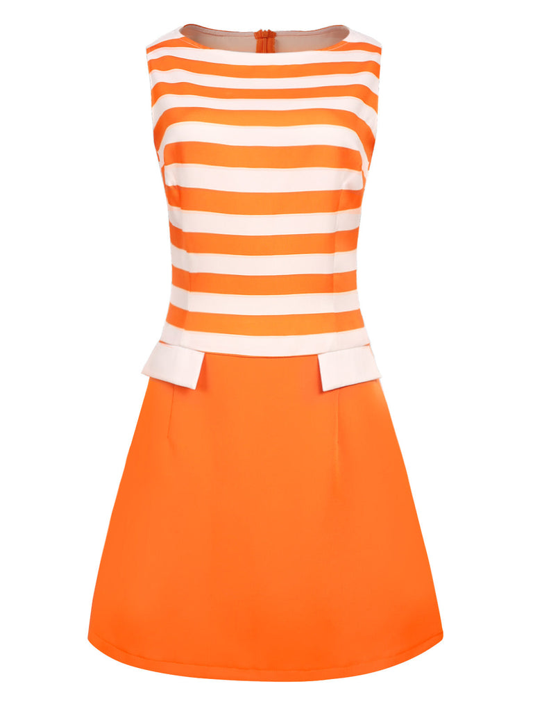 Orange 1960er Tiefe Taille Streifen Kleid