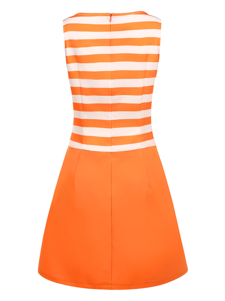 Orange 1960er Tiefe Taille Streifen Kleid