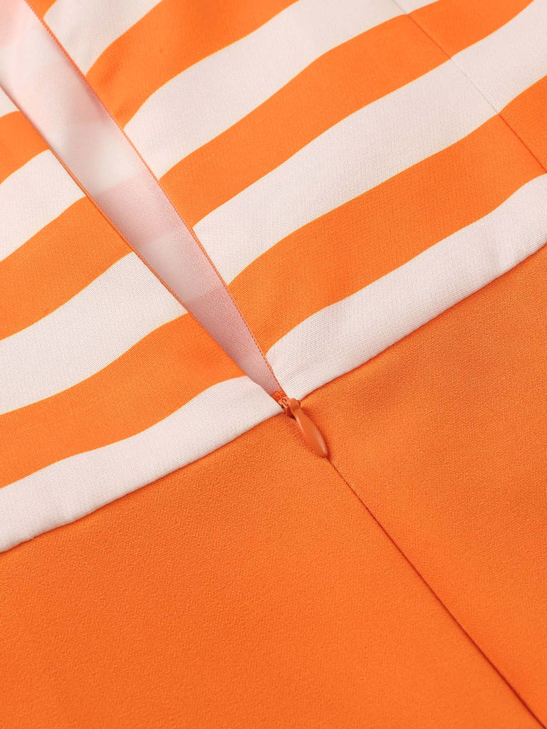 Orange 1960er Tiefe Taille Streifen Kleid