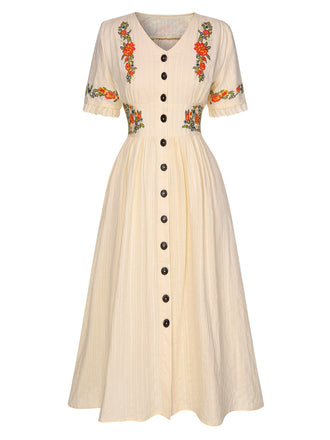 Beige 1940er V-Ausschnitt Knöpfen Blumen Kleid