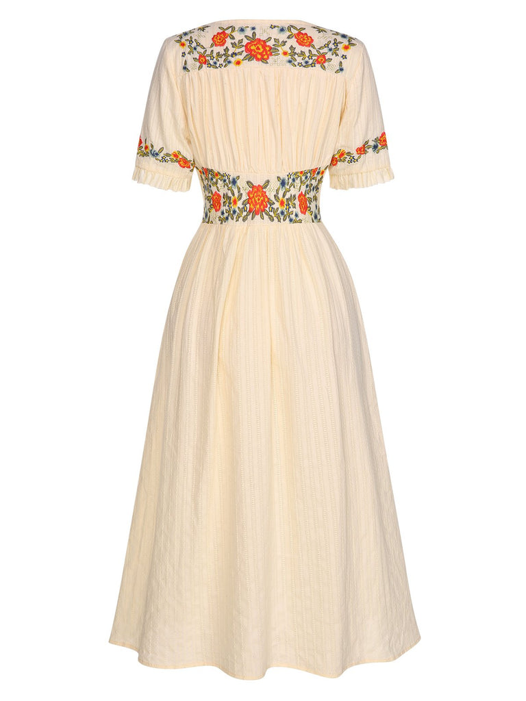 [Vorverkauf] Beige 1940er V-Ausschnitt Knöpfen Blumen Kleid