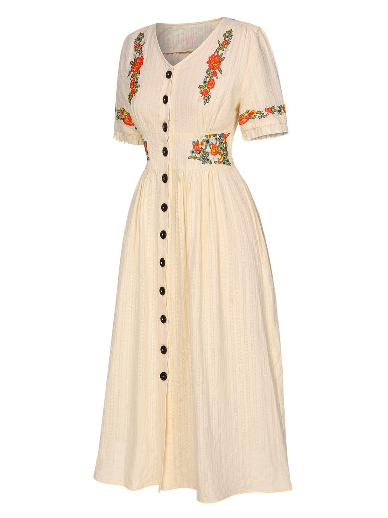 [Vorverkauf] Beige 1940er V-Ausschnitt Knöpfen Blumen Kleid