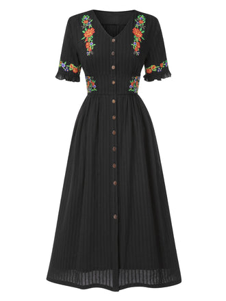 Schwarz 1940er V-Ausschnitt Knöpfen Blumen Kleid