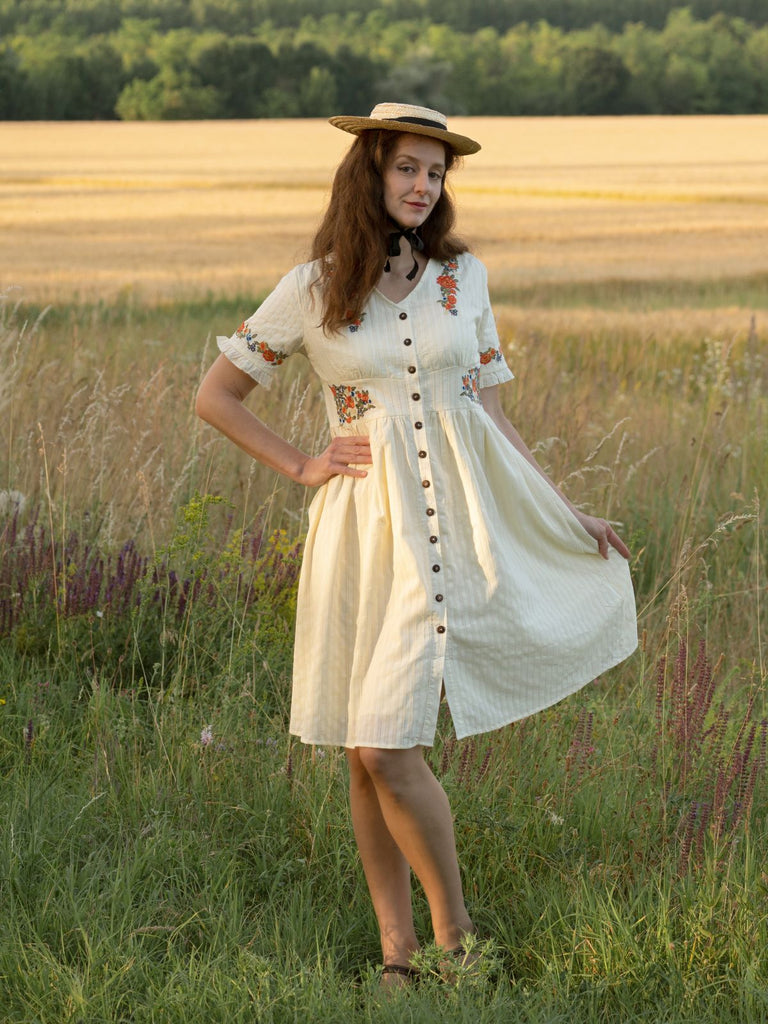 Beige 1940er V-Ausschnitt Knöpfen Blumen Kleid