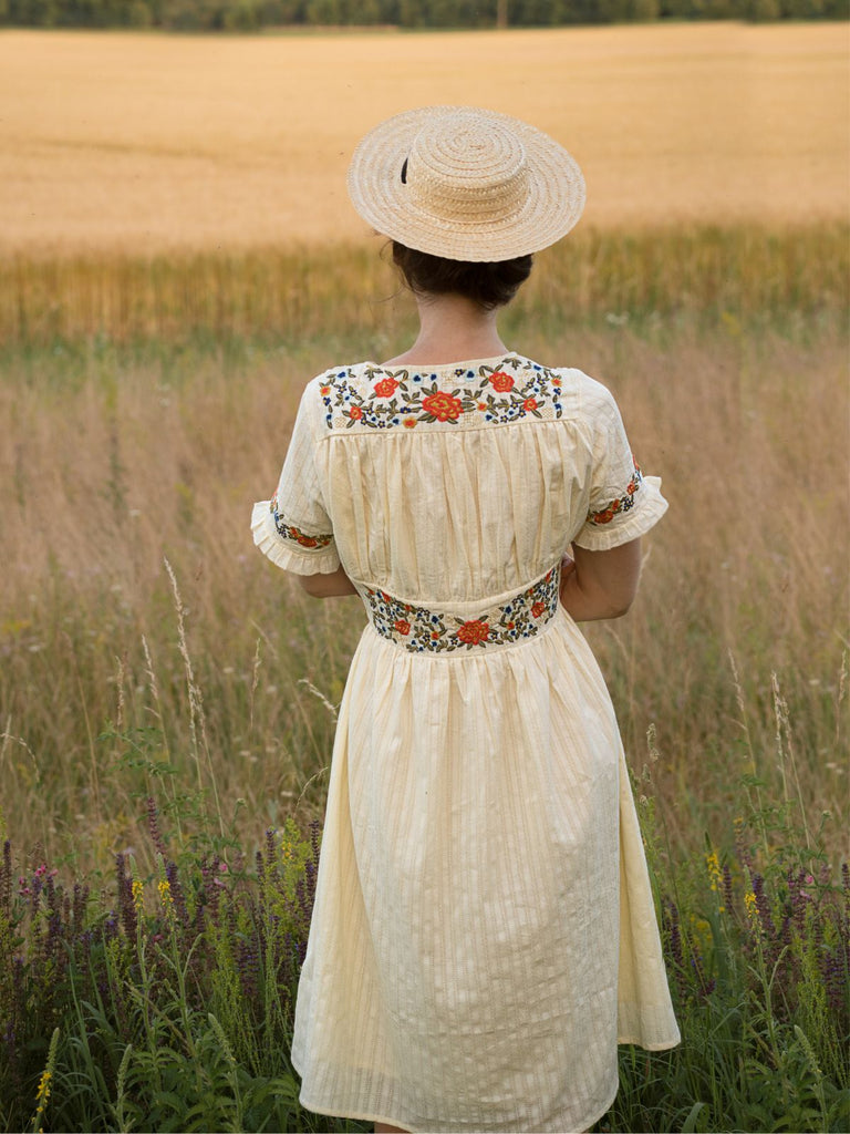 Beige 1940er V-Ausschnitt Knöpfen Blumen Kleid