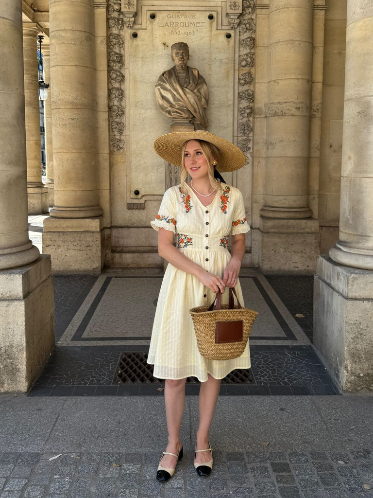 Beige 1940er V-Ausschnitt Knöpfen Blumen Kleid