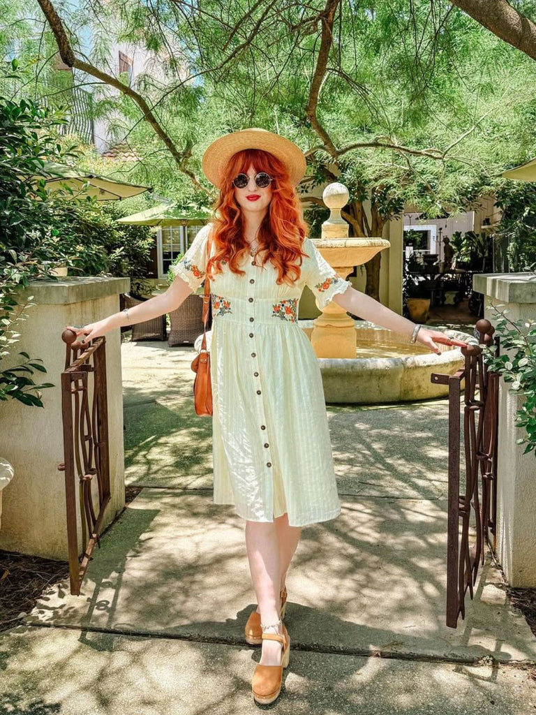 Beige 1940er V-Ausschnitt Knöpfen Blumen Kleid