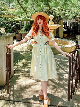 Beige 1940er V-Ausschnitt Knöpfen Blumen Kleid