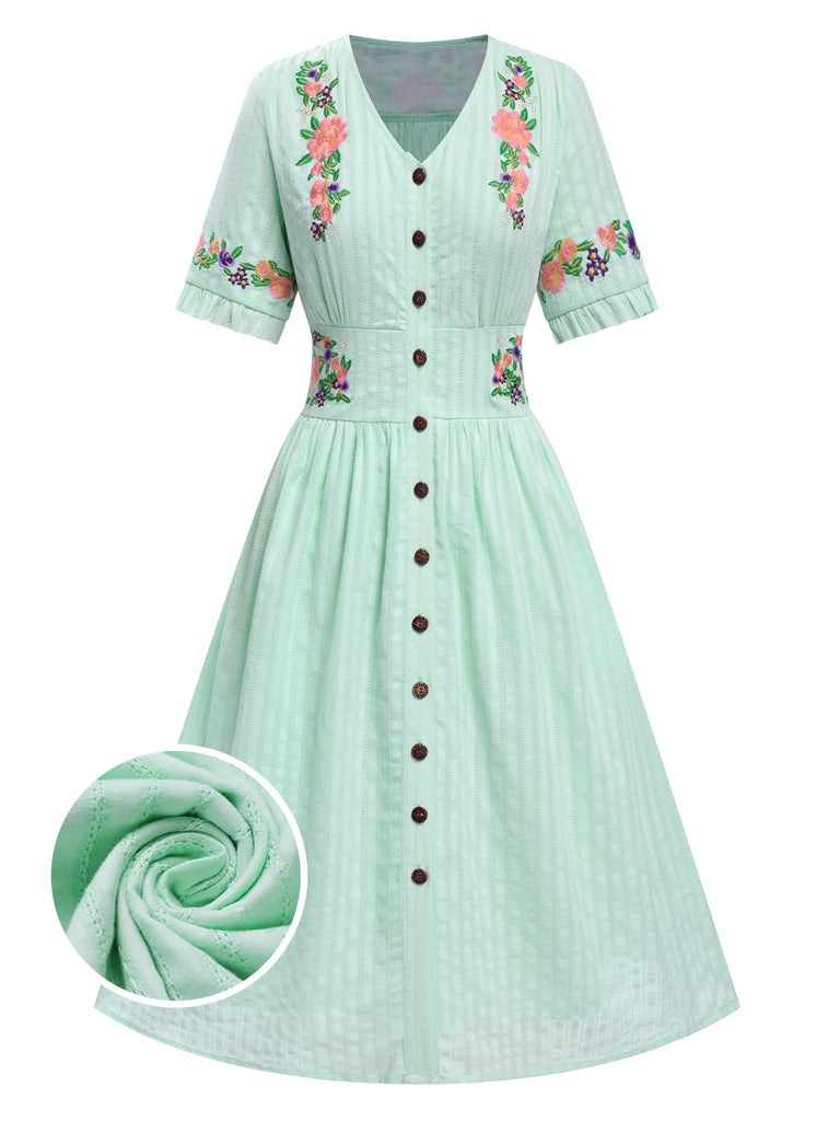 Grün 1940er V-Ausschnitt Knöpfen Blumen Kleid