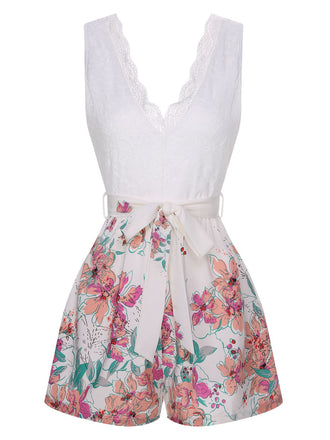 Weiß 1940er Blumen Spitze V-Ausschnitt Romper