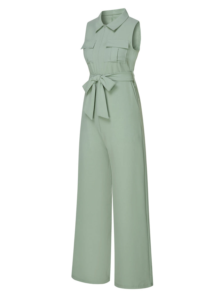 Grün 1930er Hemdkragen Jumpsuit mit Gürtel