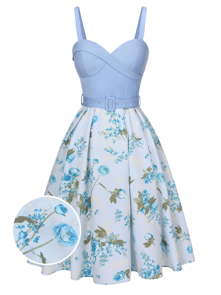 Blau 1950er Spaghetti Träger Blumen Kleid mit Gürtel