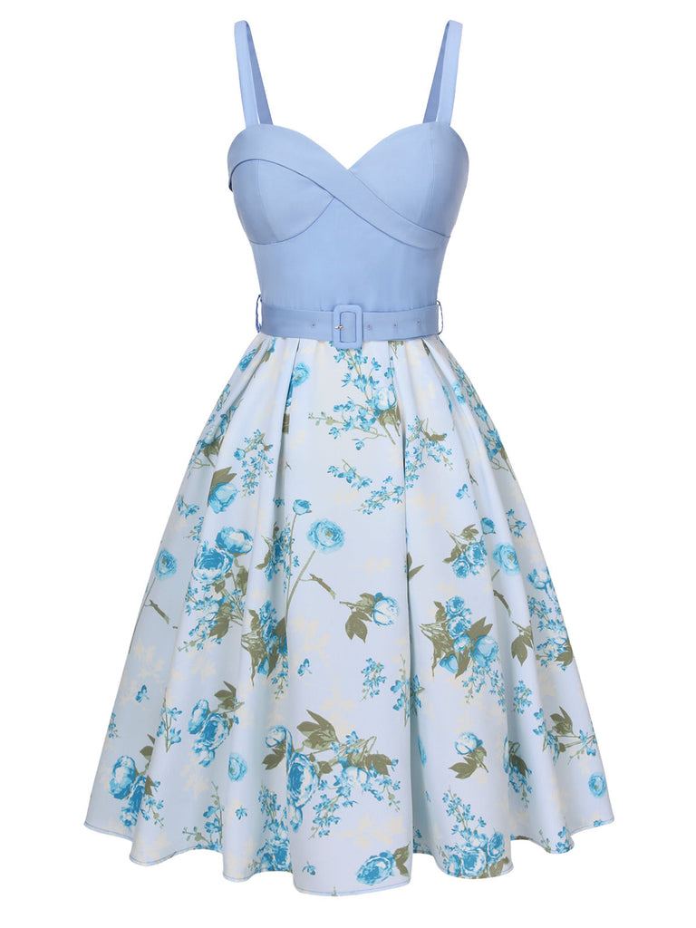 Blau 1950er Spaghetti Träger Blumen Kleid mit Gürtel