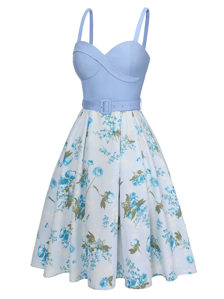 Blau 1950er Spaghetti Träger Blumen Kleid mit Gürtel