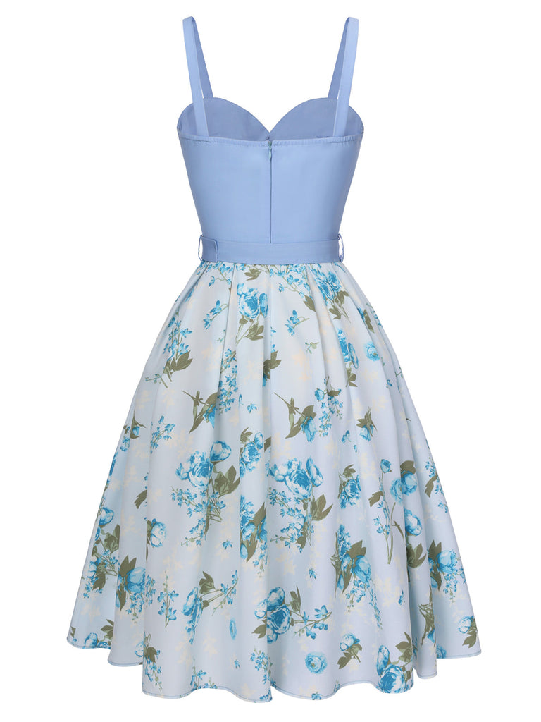 Blau 1950er Spaghetti Träger Blumen Kleid mit Gürtel