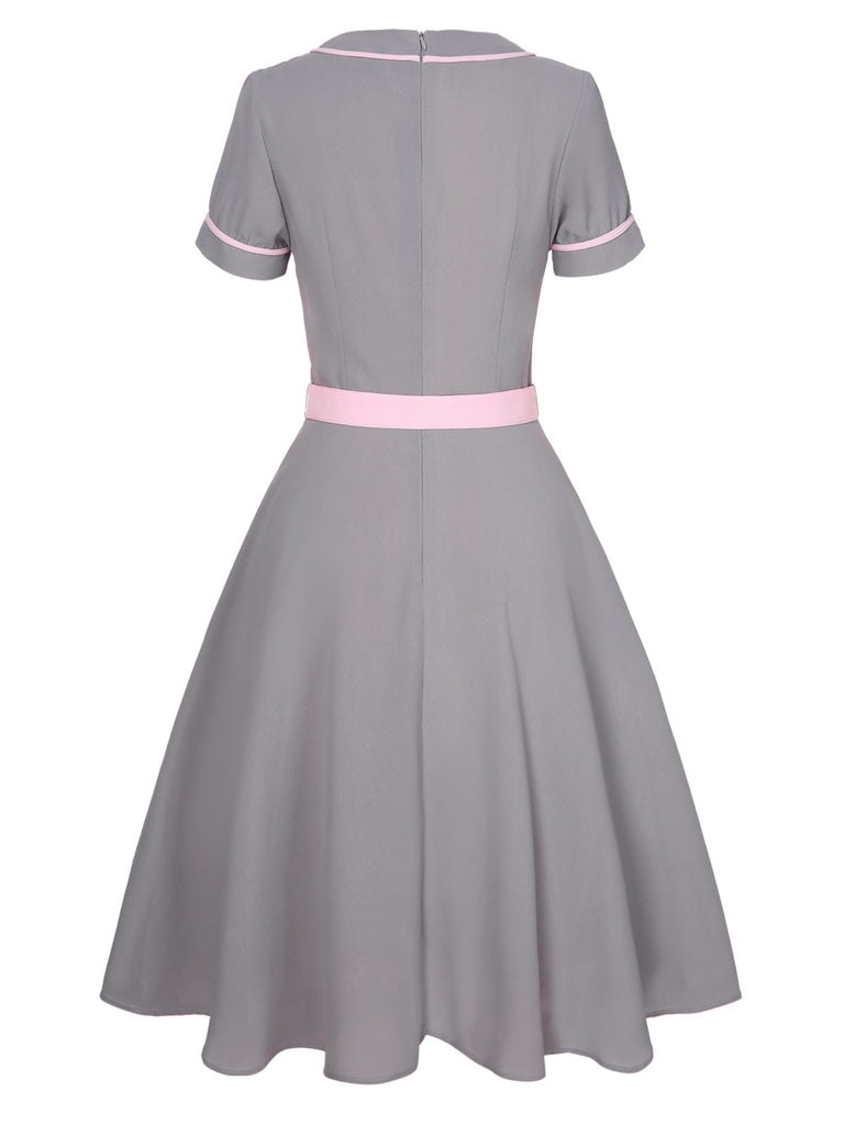 Grau 1950er Solide Kontrast Kleid mit Gürtel