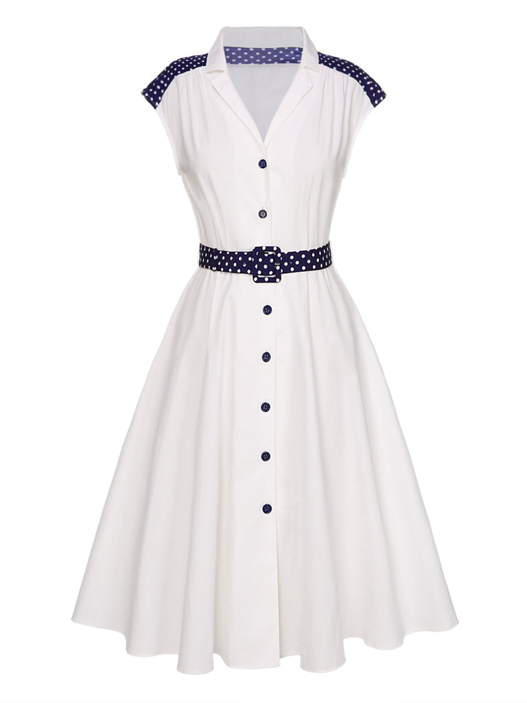 Weiß 1940er Revers Polka Dots Patchwork Kleid