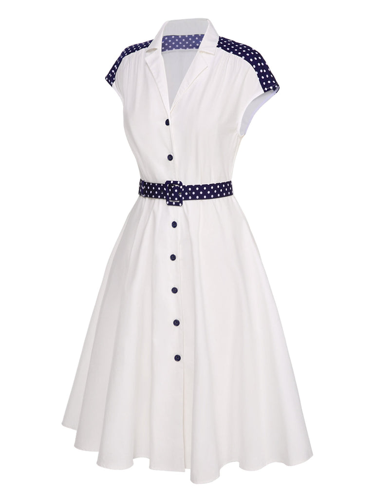 Weiß 1940er Revers Polka Dots Patchwork Kleid