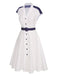 Weiß 1940er Revers Polka Dots Patchwork Kleid