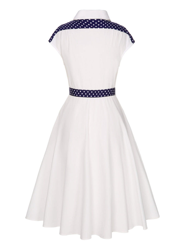 Weiß 1940er Revers Polka Dots Patchwork Kleid