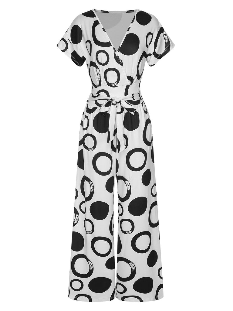 Weiß 1940er Polka Dots & Circles V-Ausschnitt Jumpsuit