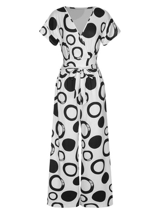 Weiß 1940er Polka Dots & Circles V-Ausschnitt Jumpsuit