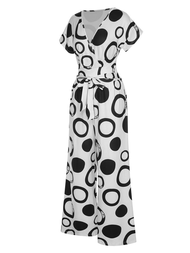 Weiß 1940er Polka Dots & Circles V-Ausschnitt Jumpsuit