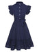 Tiefblau 1950er Polka Dots Rüschen Knöpfen Kleid