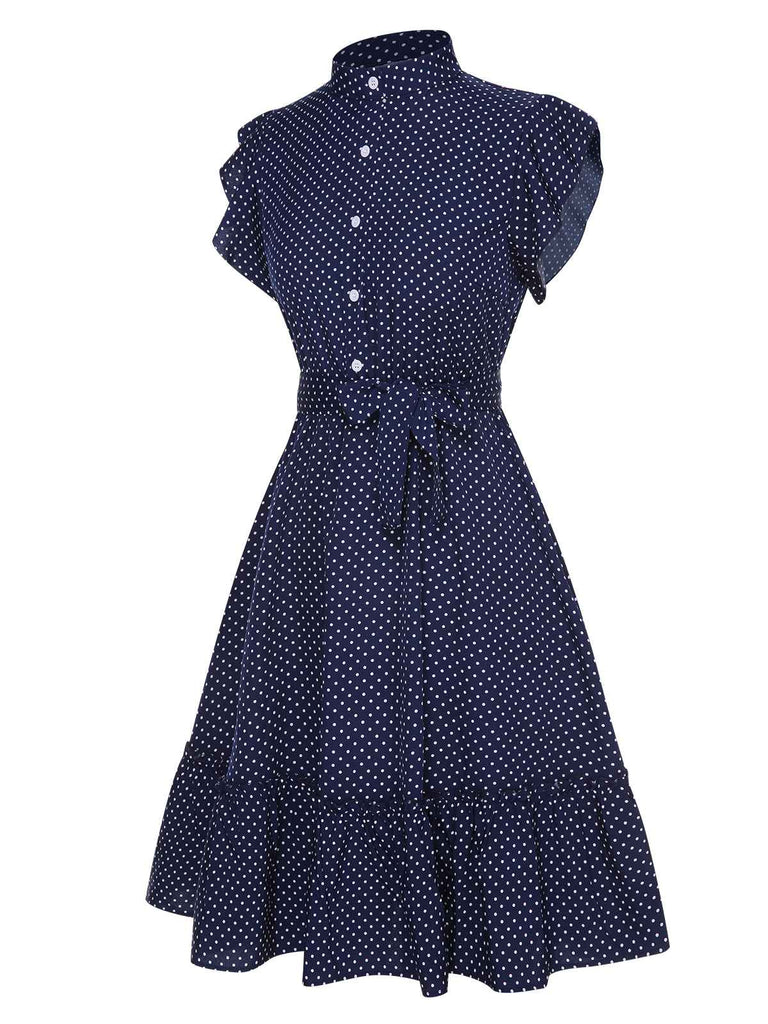 Tiefblau 1950er Polka Dots Rüschen Knöpfen Kleid