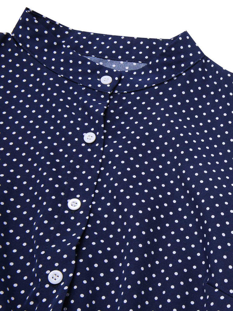 Tiefblau 1950er Polka Dots Rüschen Knöpfen Kleid