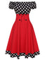 Schwarz & Rot 1950er Polka Dots Schulterfrei Kleid