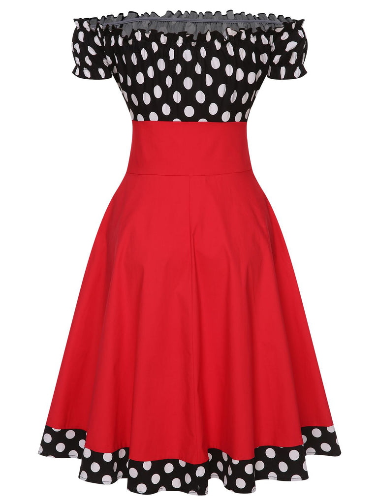 Schwarz & Rot 1950er Polka Dots Schulterfrei Kleid Mit Zubehör-Set