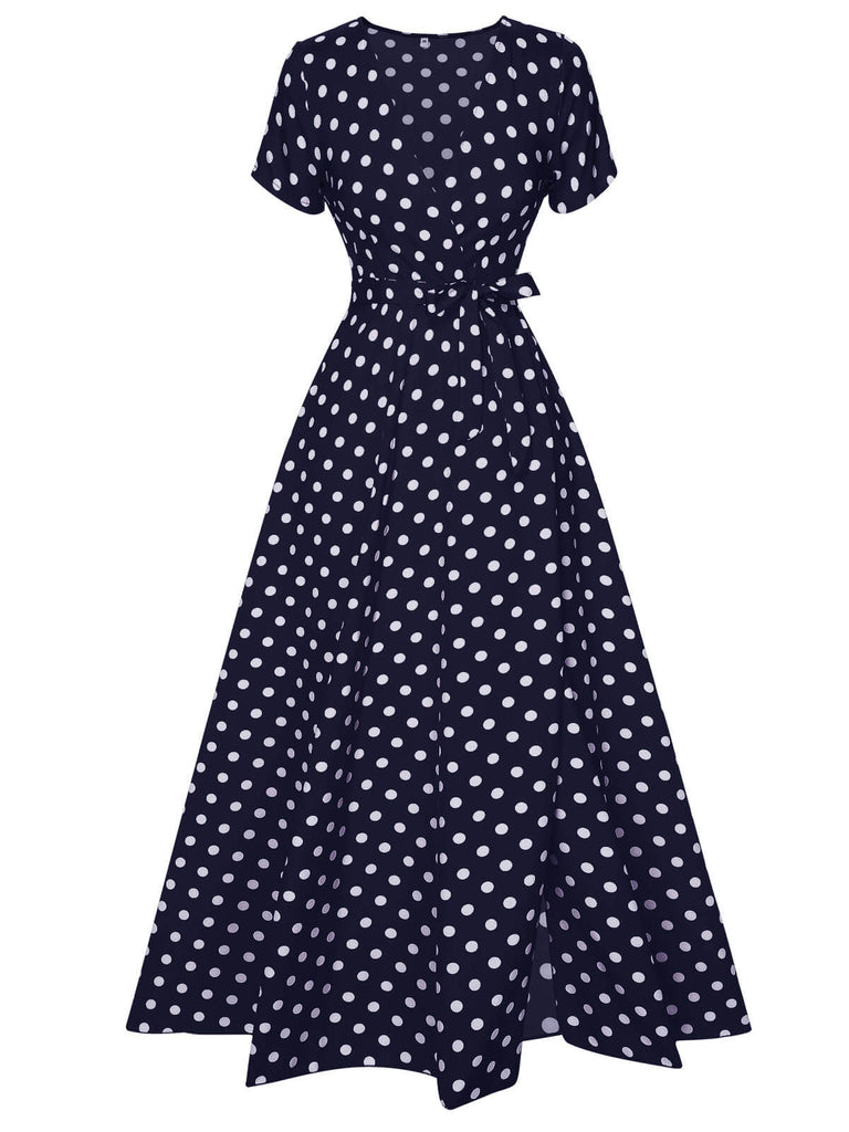 1930er Seitlicher Schlitz Tief V-Ausschnitt Polka Dots Kleid