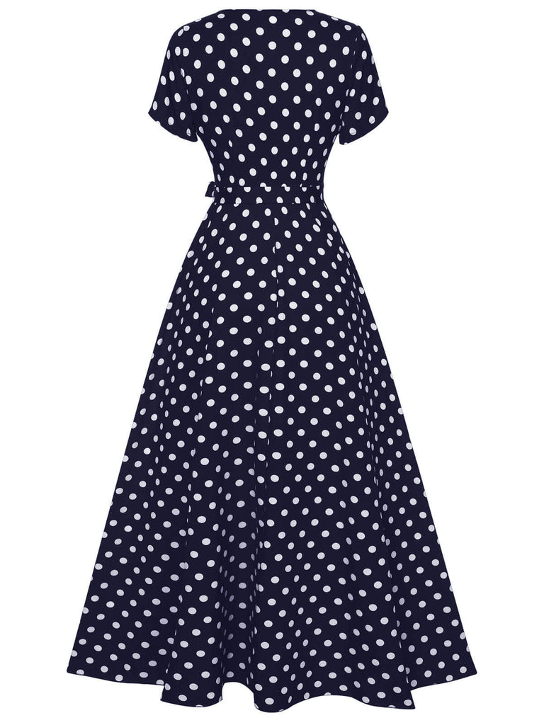 1930er Seitlicher Schlitz Tief V-Ausschnitt Polka Dots Kleid