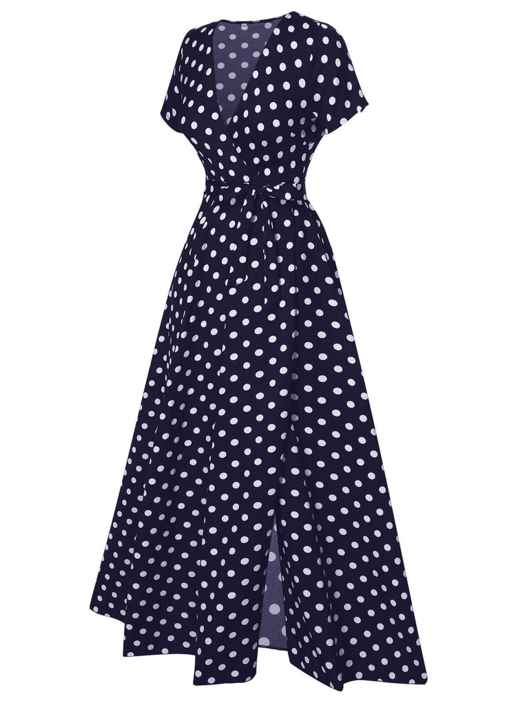 1930er Seitlicher Schlitz Tief V-Ausschnitt Polka Dots Kleid