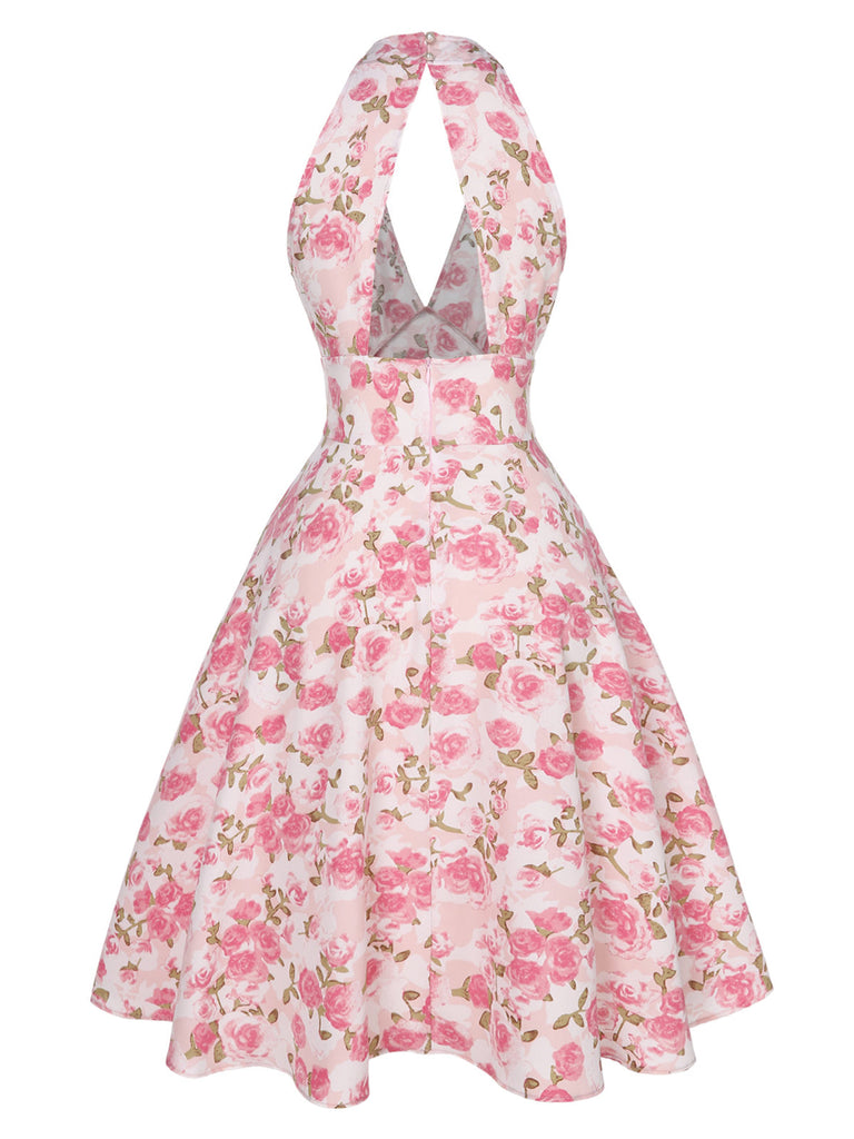 Rosa 1950er Blumen V-Ausschnitt Kleid