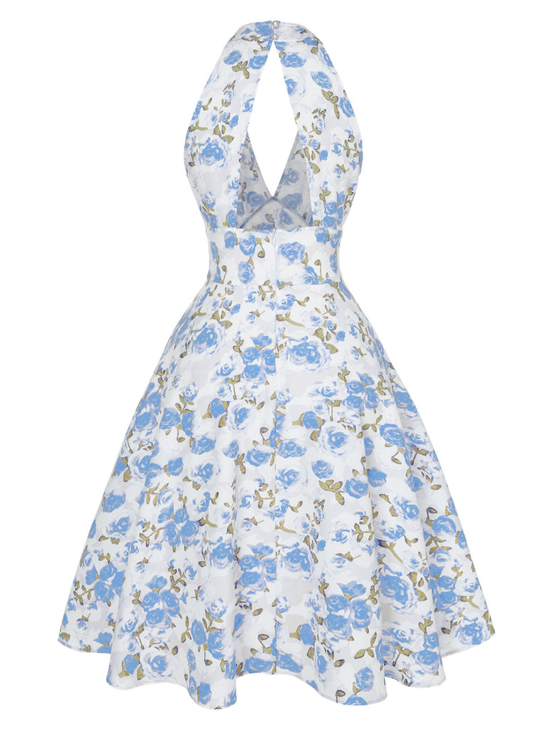 Blau 1950er Blumen V-Ausschnitt Kleid