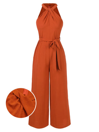Orange Rot 1930er Solide Twist Jumpsuit