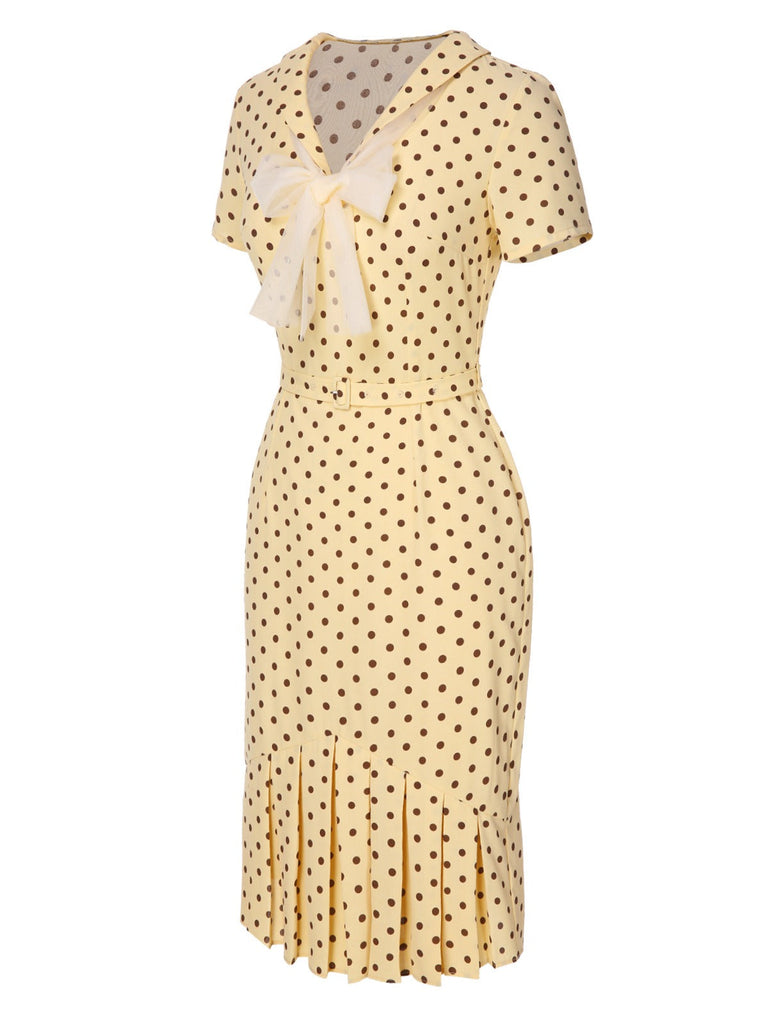 Gelb 1940er Revers Polka Dots Plissiertes Kleid