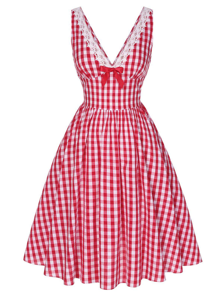 Rot 1950er Spitze V-Ausschnitt Plaid Kleid