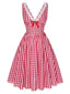 Rot 1950er Spitze V-Ausschnitt Plaid Kleid